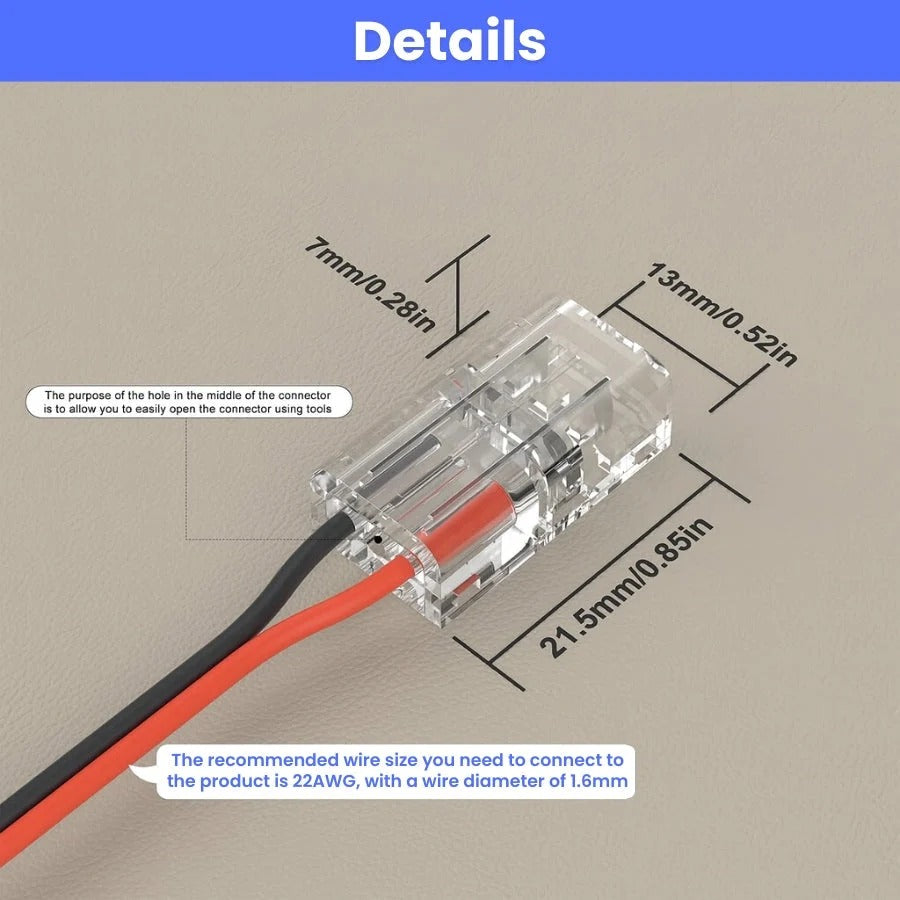 8mm Connectors for 2-Pin COB LED Strip, Strip-to-Wire Connectors, Solderless Extension Connectors for 5V/9V/12V/24V Single Color COB LED Strip Lights,for DIY Lighting Projects