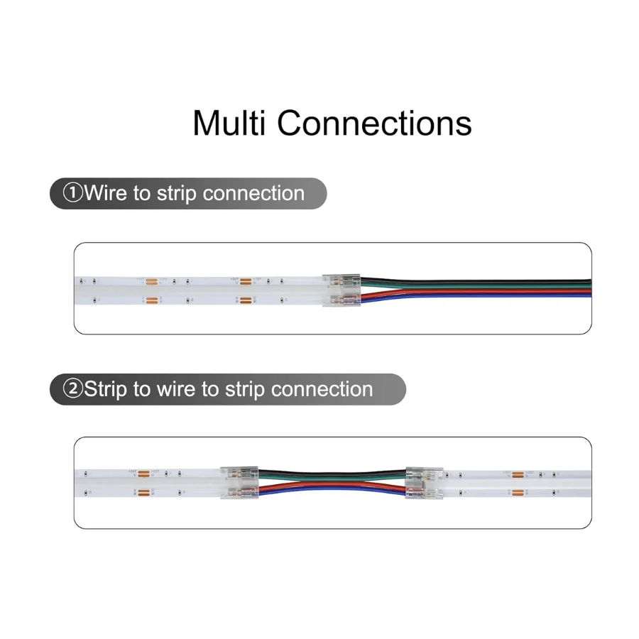 4PIN Transparent COB Connectors Kit for RGB COB LED Strip Lights - 10mm, Solderless Connection, 5pcs 15cm Wires