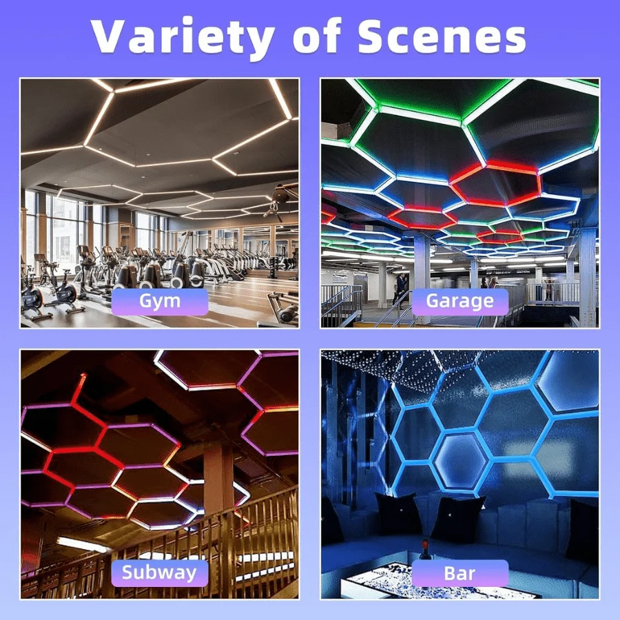 Hexagon Garage Lights RGB – Honeycomb Light With 358 Color Modes, Hex Grid LED Ceiling Lighting, Remote & Smart App Control, IP54 LED Lights For Garage, Gym, Gaming Room, Bar, Party, Hexagon Wall Lights – 24 Pieces
