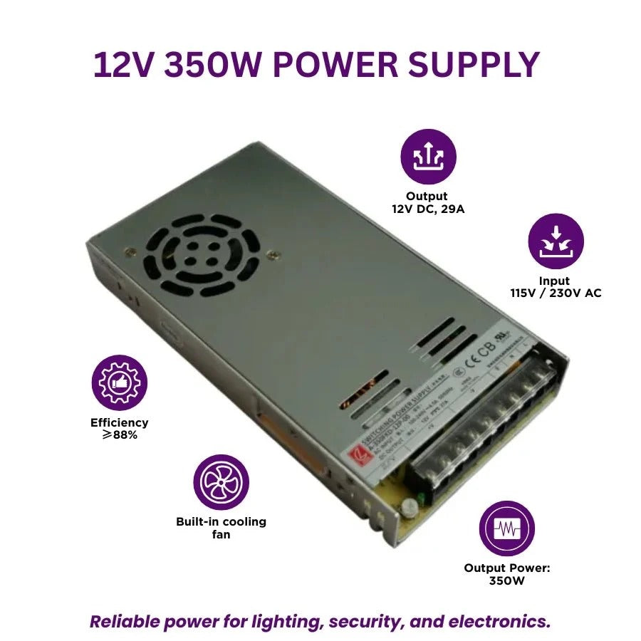 Switchable Power Supply - LED LRS-350-12 12V 29A 350W for LED Light Strips, 3D Printers, CCTV & More - Efficient LED Light Power Supply