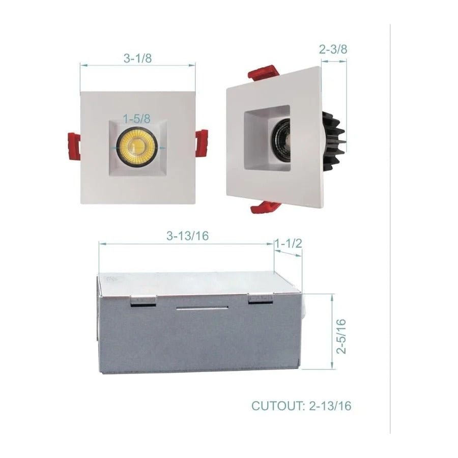 2" LED Square Recessed Downlight With Junction Box, 8W 700 Lumens, 5CCT Selectable 2700K/3000K/3500K/4000K/5000K, AC120V TRIAC/ELV Dimmers, IC Rated, CRI 90+ Wet Location, Recessed Ceiling, ETL Listed
