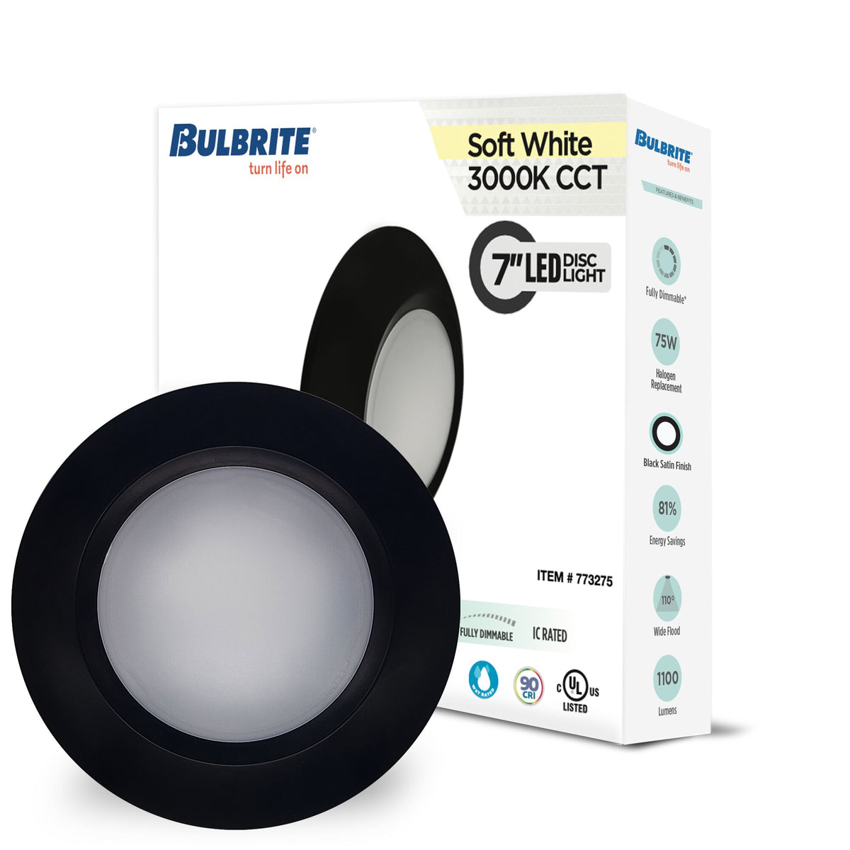 Bulbrite 7'' LED Disk Surface-Mount Light, 14W, 75W Equivalent, 3000K, E26 Adapter Base, Black Finish, Dimmable, 14-Pack, 7'' Size