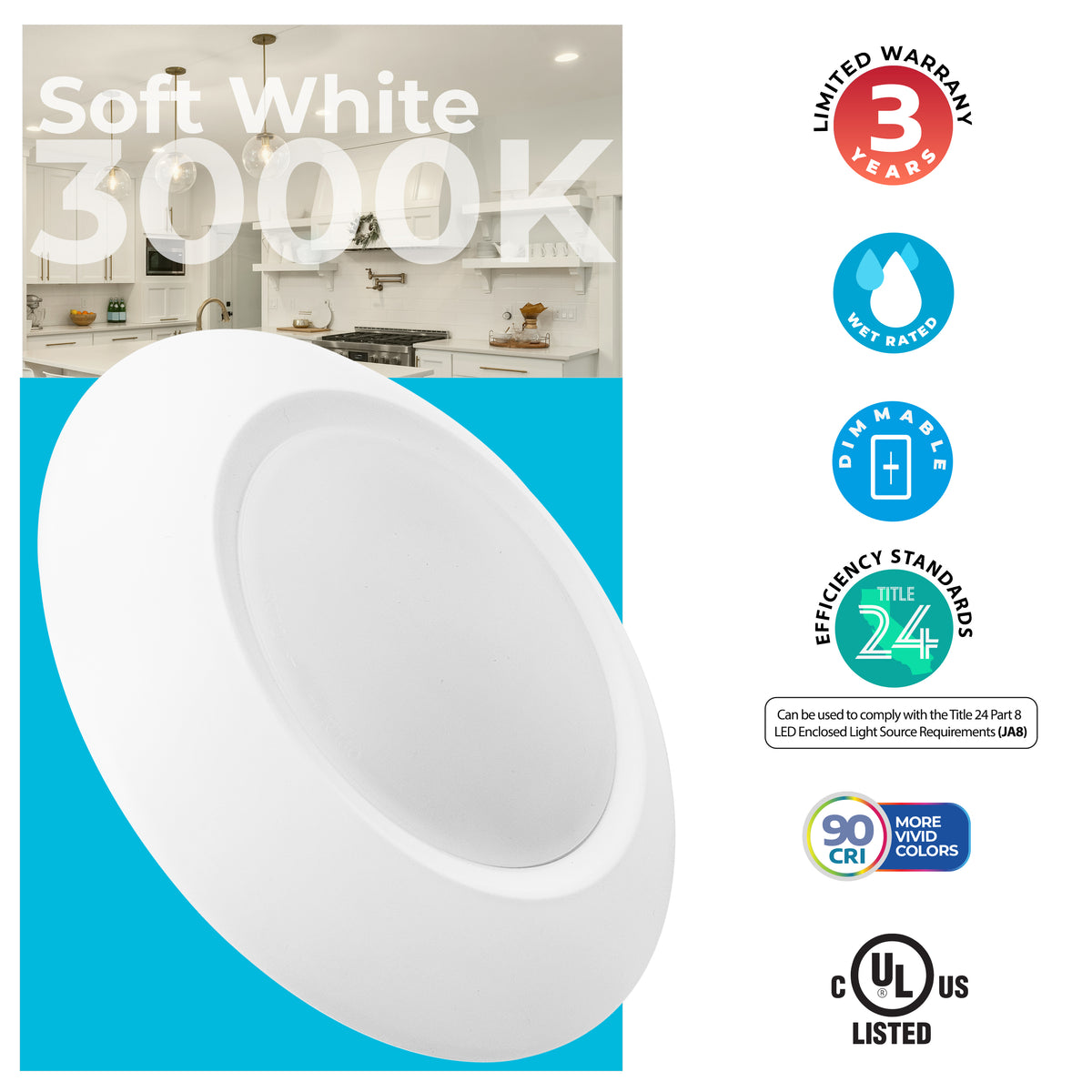 Bulbrite 7'' LED Disk Surface-Mount Light, 14W, 75W Equivalent, 3000K, E26 Adapter Base, White Finish, Dimmable, 14-Pack, 7'' Size