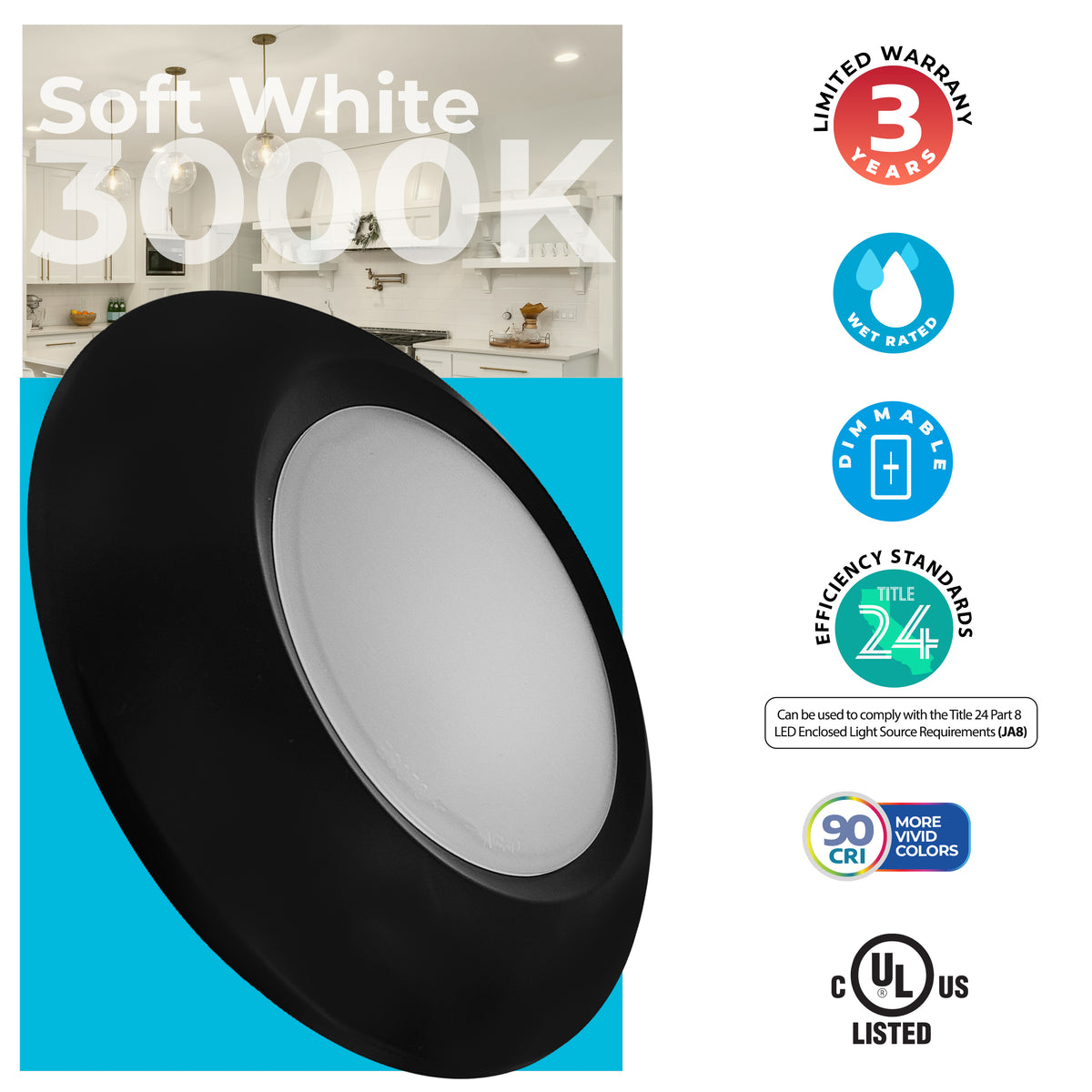 Bulbrite 7'' LED Disk Surface-Mount Light, 14W, 75W Equivalent, 3000K, E26 Adapter Base, Black Finish, Dimmable, 14-Pack, 1100 Lumens