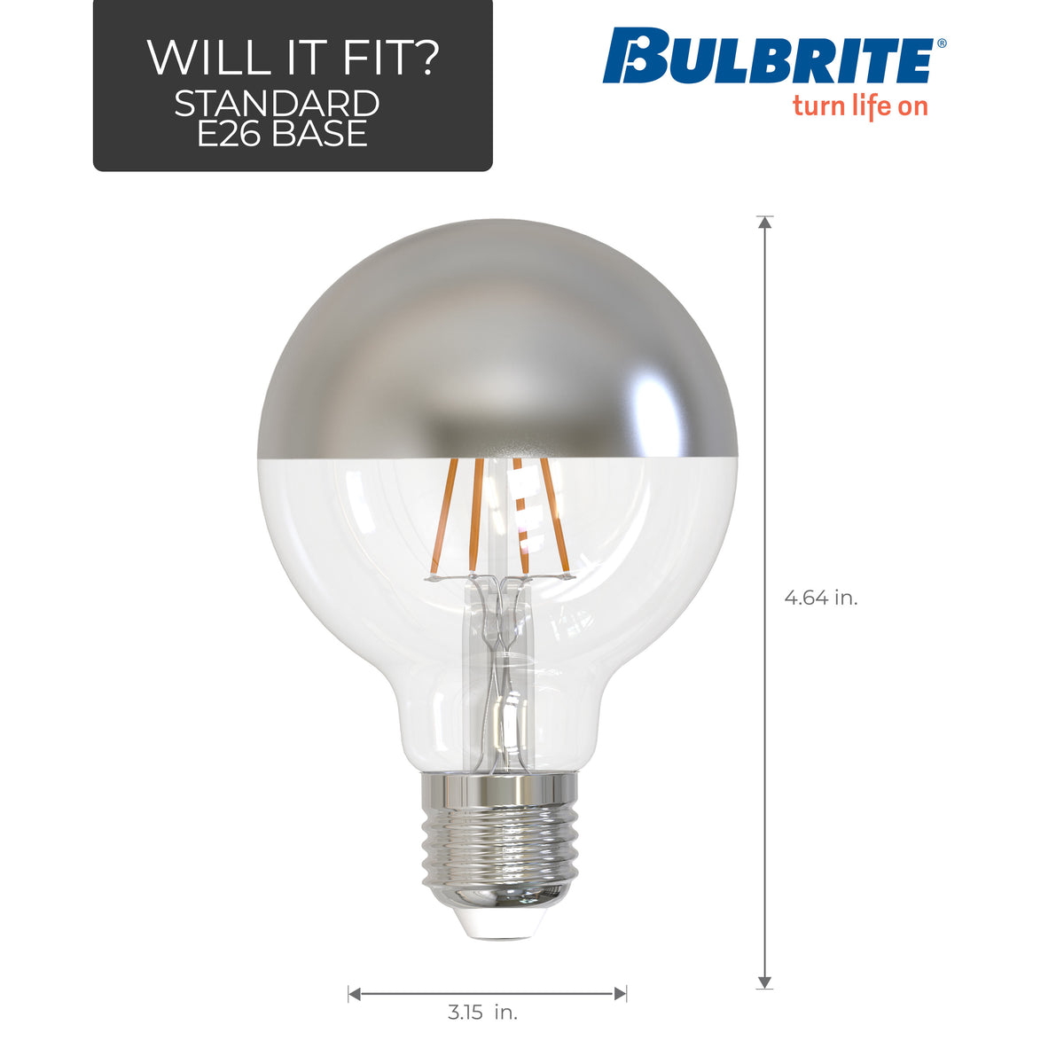 Bulbrite G25 Filament LED Light Bulb, 5W, 40W Equivalent, 2700K, E26 Base, Silver Crown Finish, Dimmable, 2-Pack