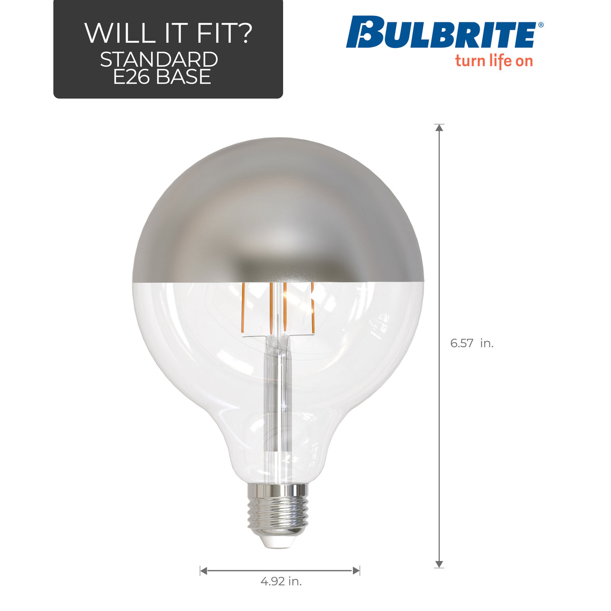 Bulbrite LED Filament 6W Dimmable G40 Light Bulbs with a Half Mirror Finish and E26 Medium Base – 2700K Warm White Light, 500 Lumens, 4-Pack