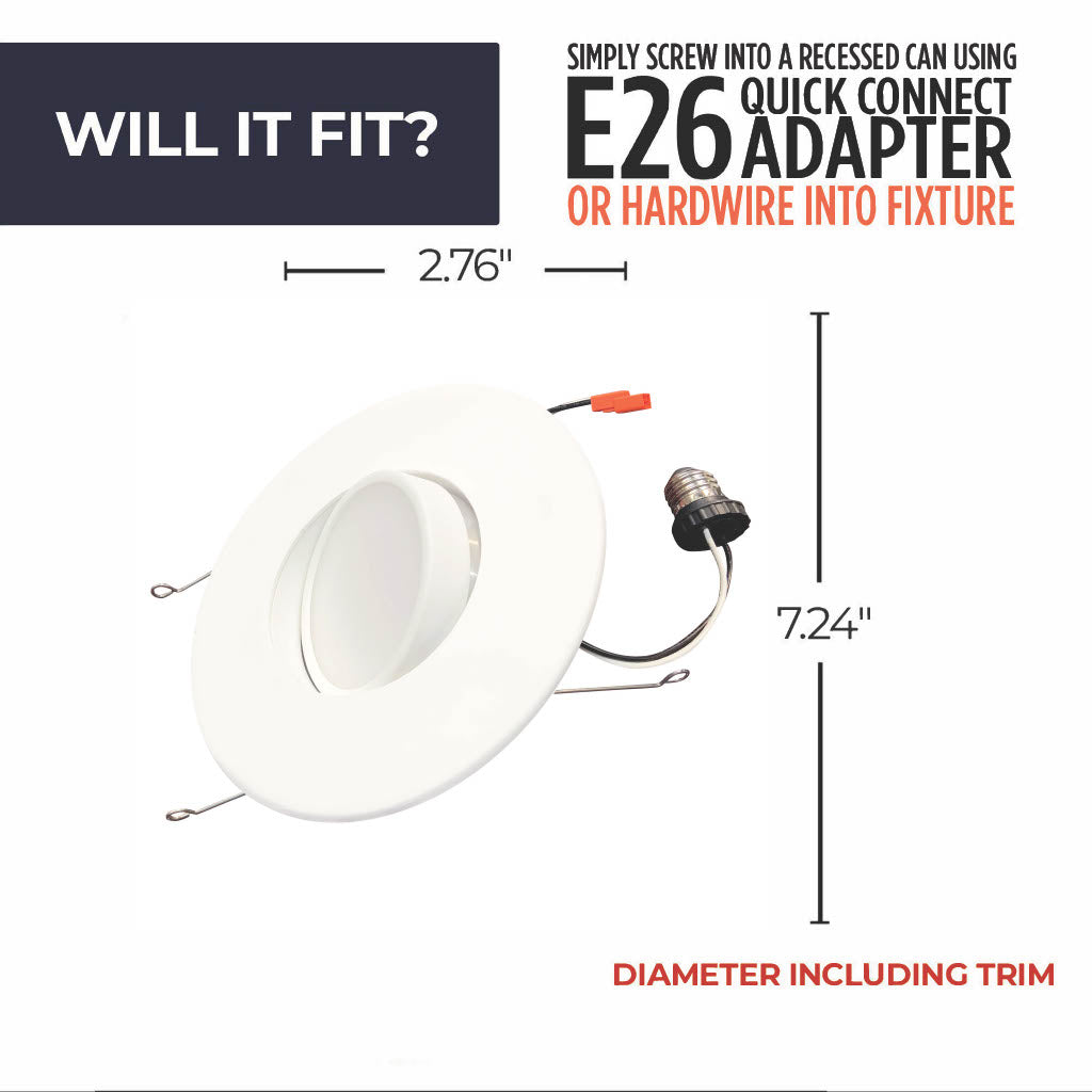 Bulbrite 5/6'' LED Adjustable Gimbal Retrofit Downlight, 14W, 75W Equivalent, 3000K, E26 Adapter Base, White Finish, Dimmable, 4-Pack