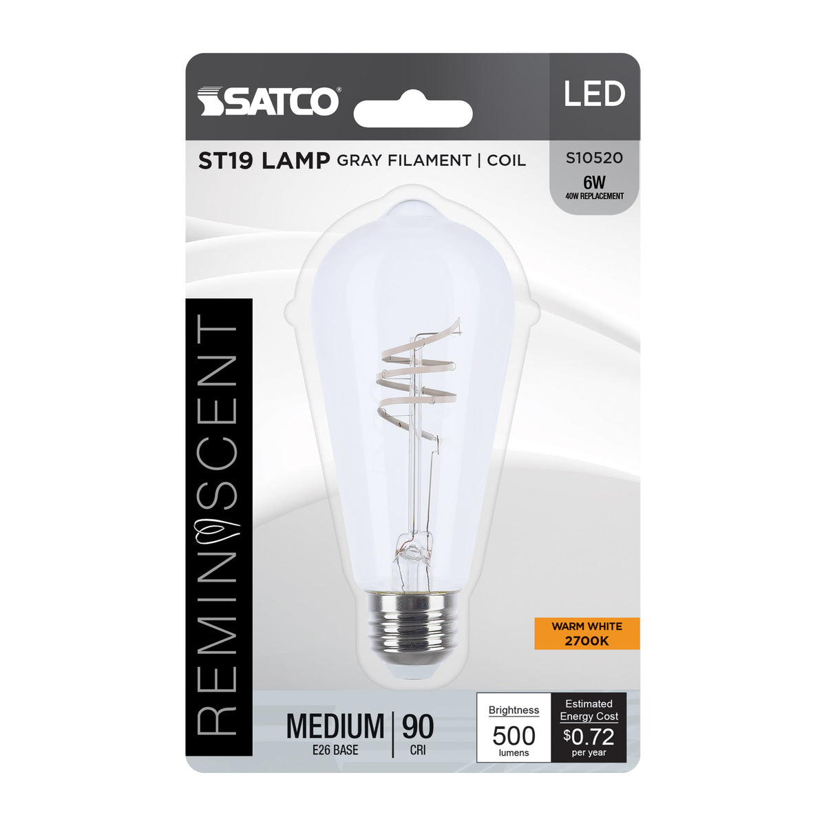 6 Watt LED - Reminiscent - Flex Gray Coil Filament - ST19 - Medium Base - 2700K - Clear - 120 Volt