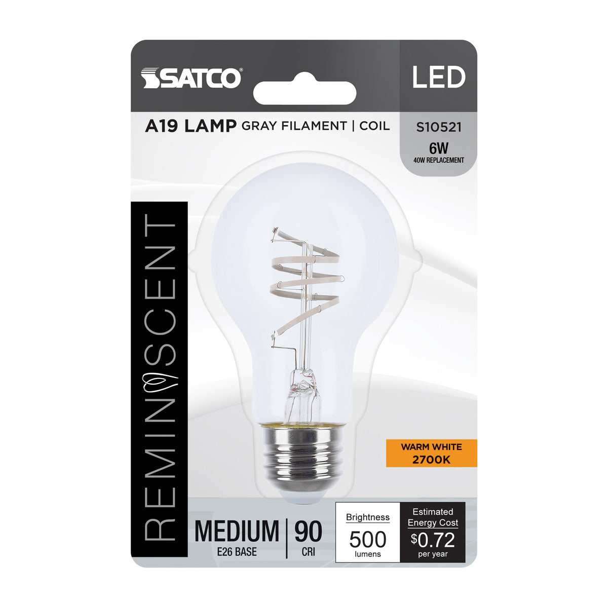 6 Watt LED - Reminiscent - Flex Gray Coil Filament - A19 - Medium Base - 2700K - Clear - 120 Volt lighting product Warm White
