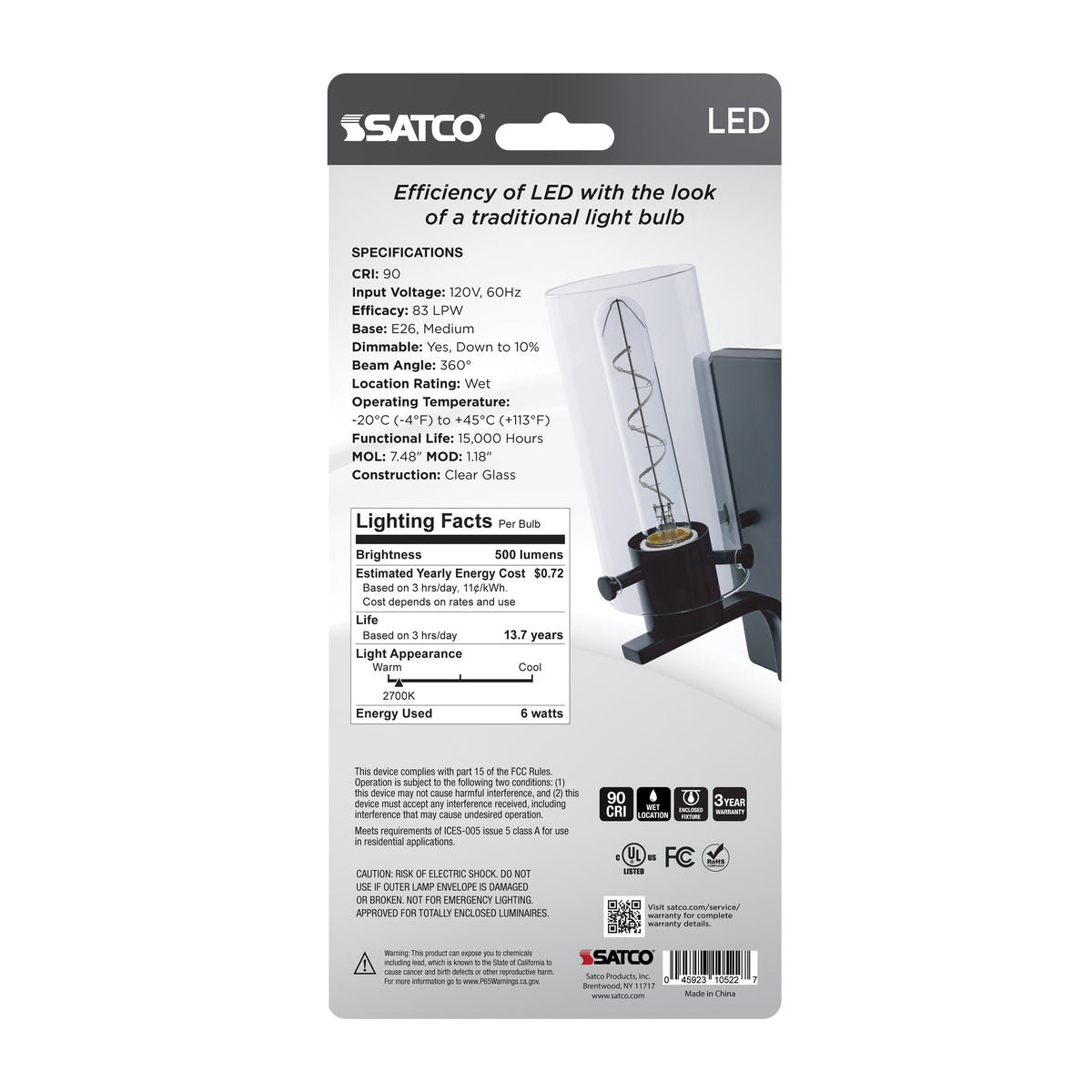 6 Watt LED - Reminiscent - Flex Gray Coil Filament - T9 - Medium Base - 2700K CCT - Clear - 120 Volt - 2-Pack