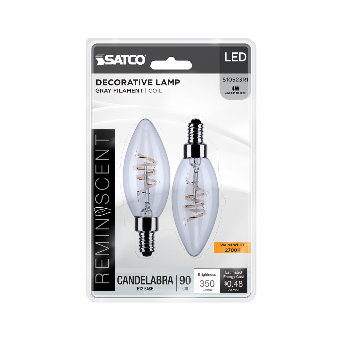4 Watt B11 LED - Reminiscent - Flex Gray Coil Filament - E12 Base - 2700K - 120 Volt - 2 Pack