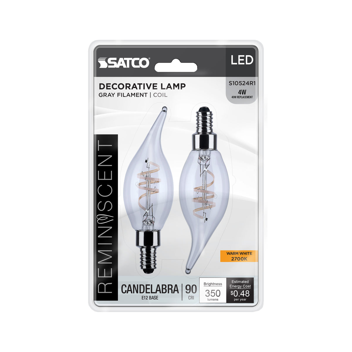 4 Watt CA11 LED - Reminiscent - Flex Gray Coil Filament - E12 Base - 2700K - 120 Volt - 2 Pack