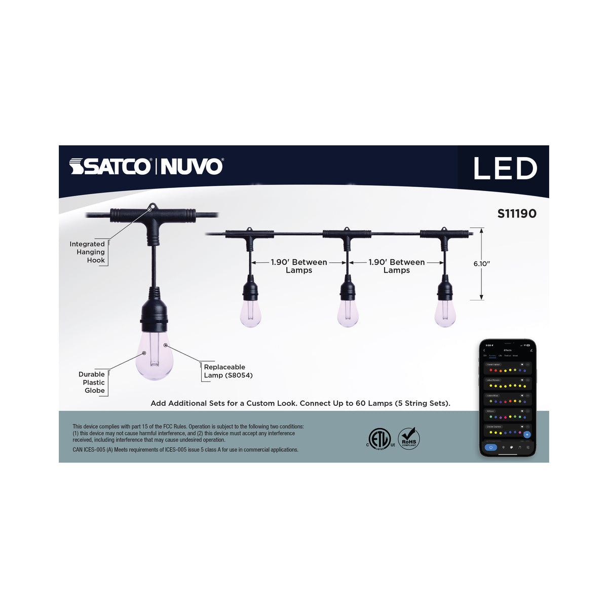 Starfish - 24 Foot LED String Light - 12-S14 Lamps - IOT - RGBTW - Black - 120 Volt
