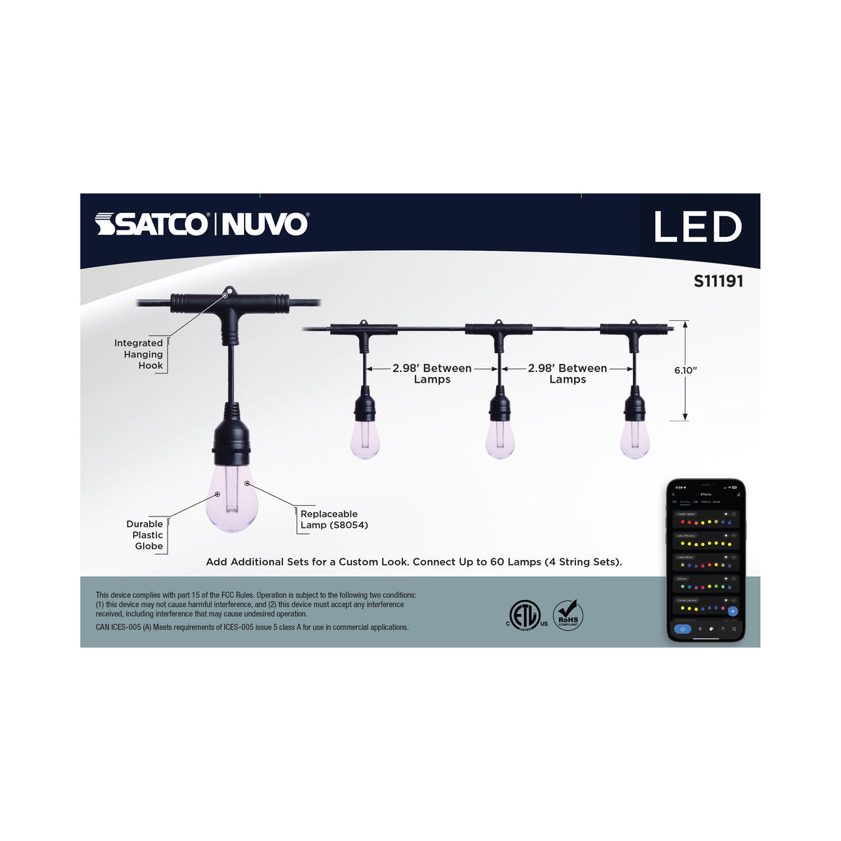 Starfish - 48 Foot LED String Light - 15-S14 Lamps - IOT - RGBTW - Black - 120 Volt