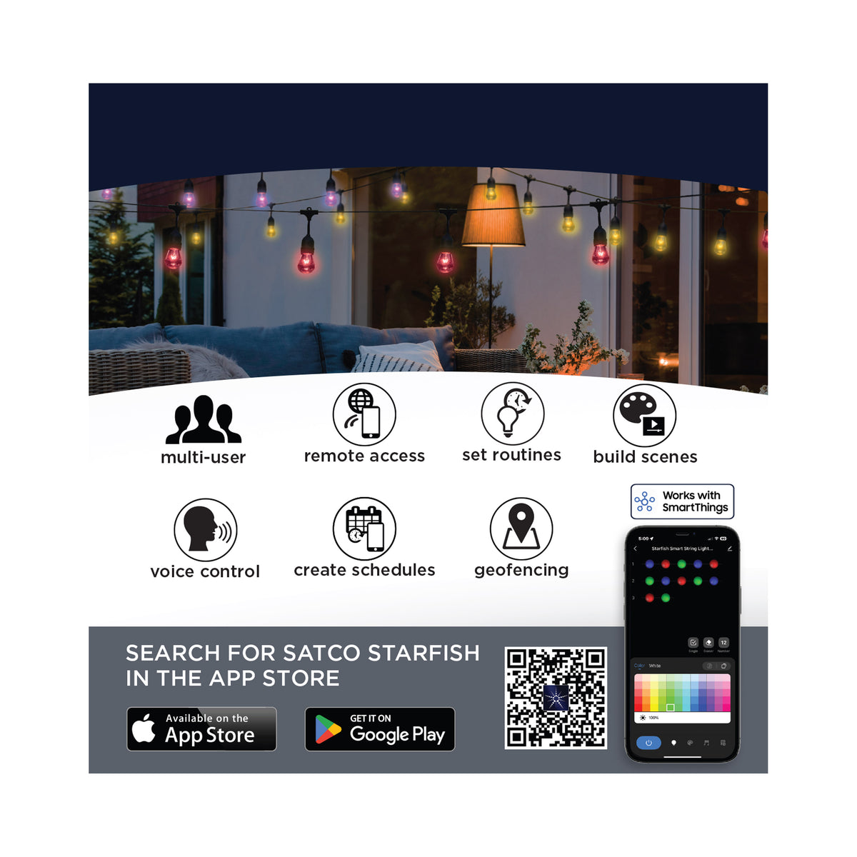 Starfish - 48 Foot LED String Light - 15-S14 Lamps - IOT - RGBTW - Black - 120 Volt