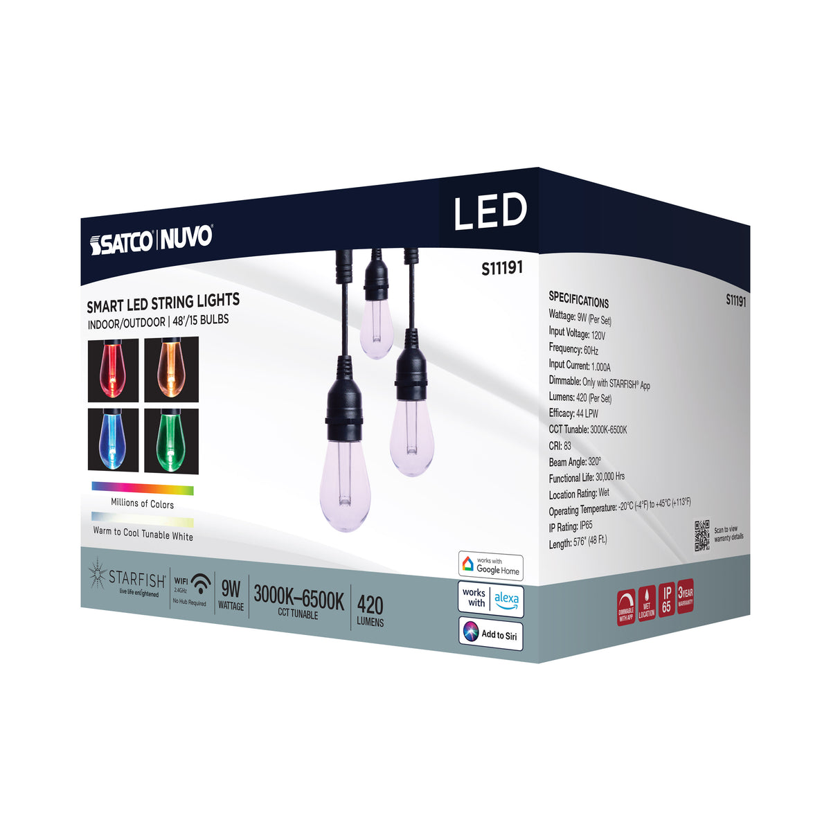 Starfish - 48 Foot LED String Light - 15-S14 Lamps - IOT - RGBTW - Black - 120 Volt