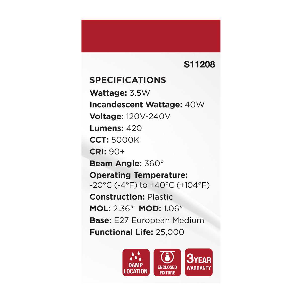 3.5 Watt T14 LED - 5000K CCT - Clear - E27 Base - 120-240 Volt