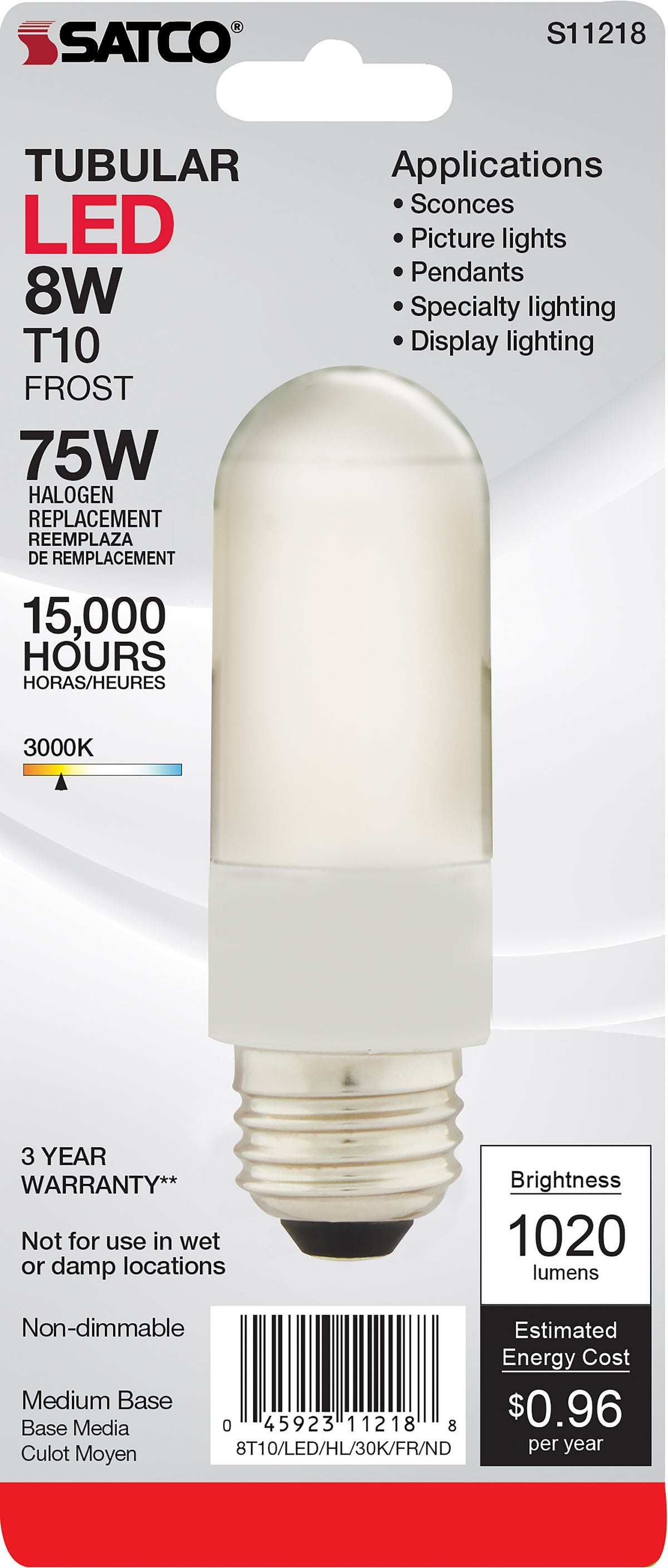 8 Watt T10 LED - Frosted - Medium base - 3000K - High Lumen - 120 Volt - Non-Dimmable - Carded
