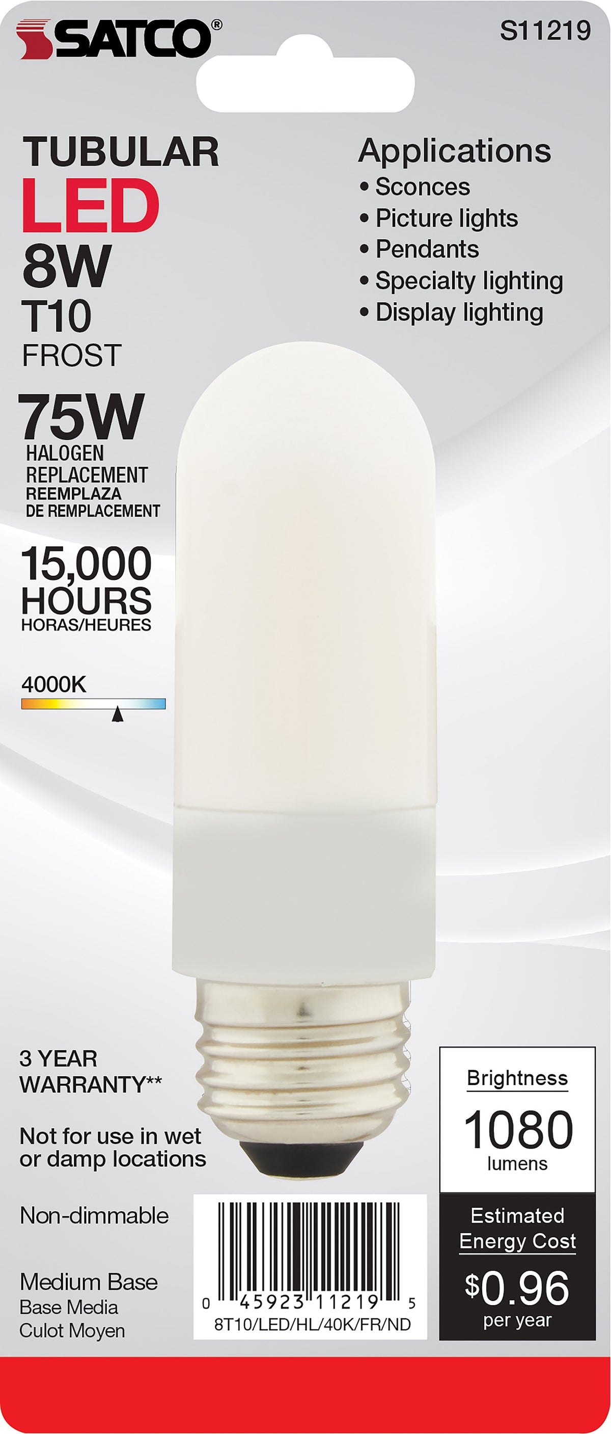 8 Watt T10 LED - Frosted - Medium base - 4000K - High Lumen - 120 Volt - Non-Dimmable - Carded