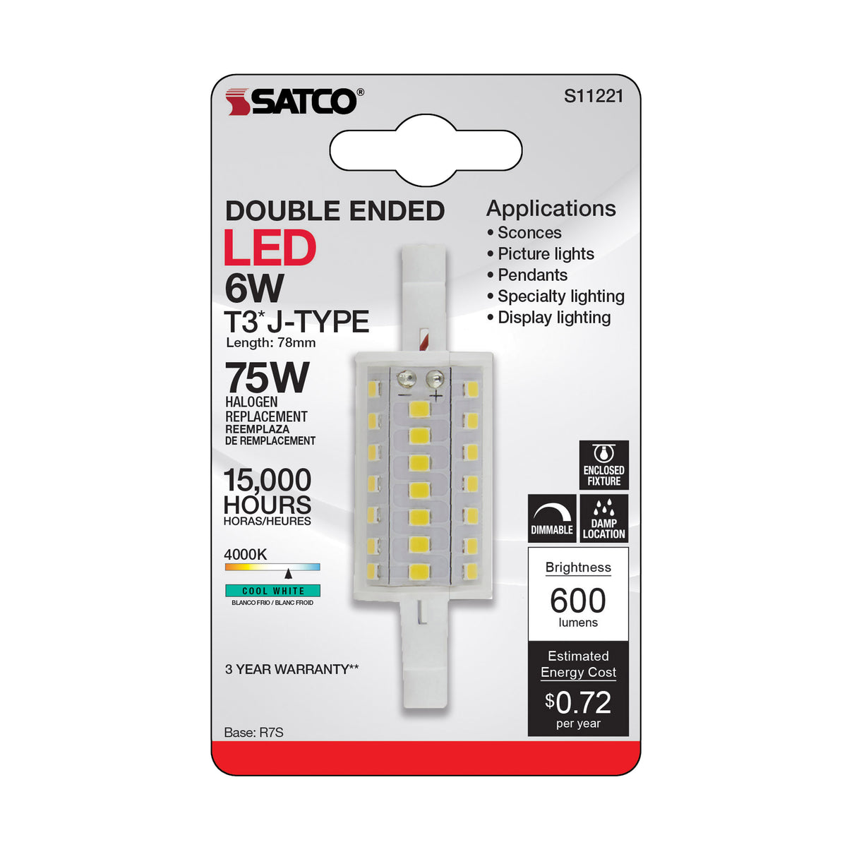 6 Watt LED Bulb - J-Type T3 78mm - 120 Volt - R7S Base - 4000K - Double Ended - 200 Degree Beam Angle