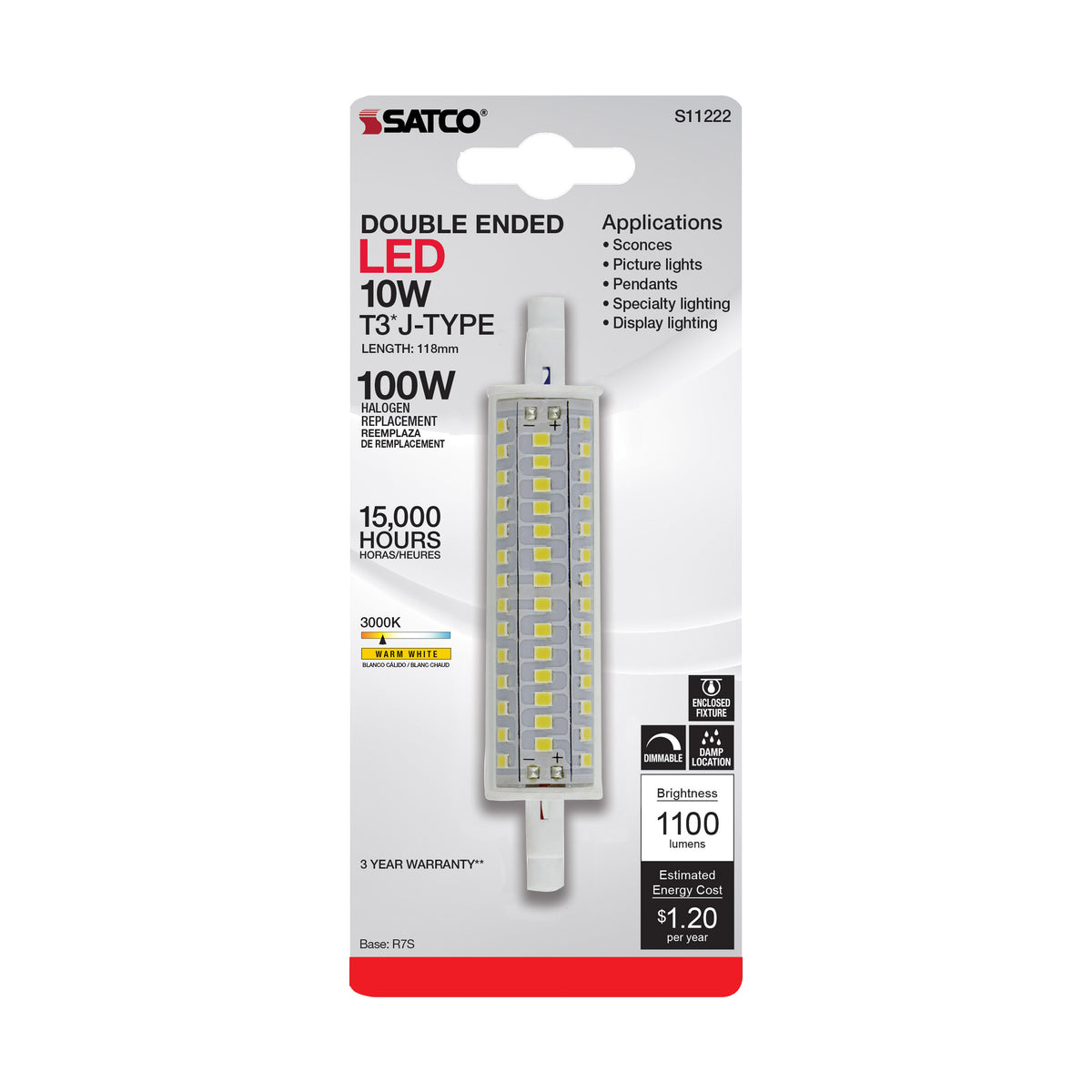 10 Watt LED Bulb - J-Type T3 118mm - 120 Volt - R7S Base - 3000K - Double Ended - 200 Degree Beam Angle