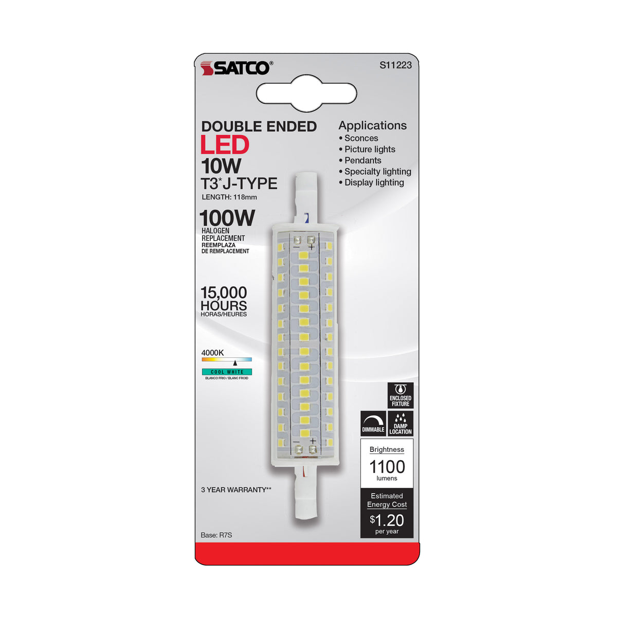 10 Watt LED Bulb - J-Type T3 118mm - 120 Volt - R7S Base - 4000K - Double Ended - 200 Degree Beam Angle