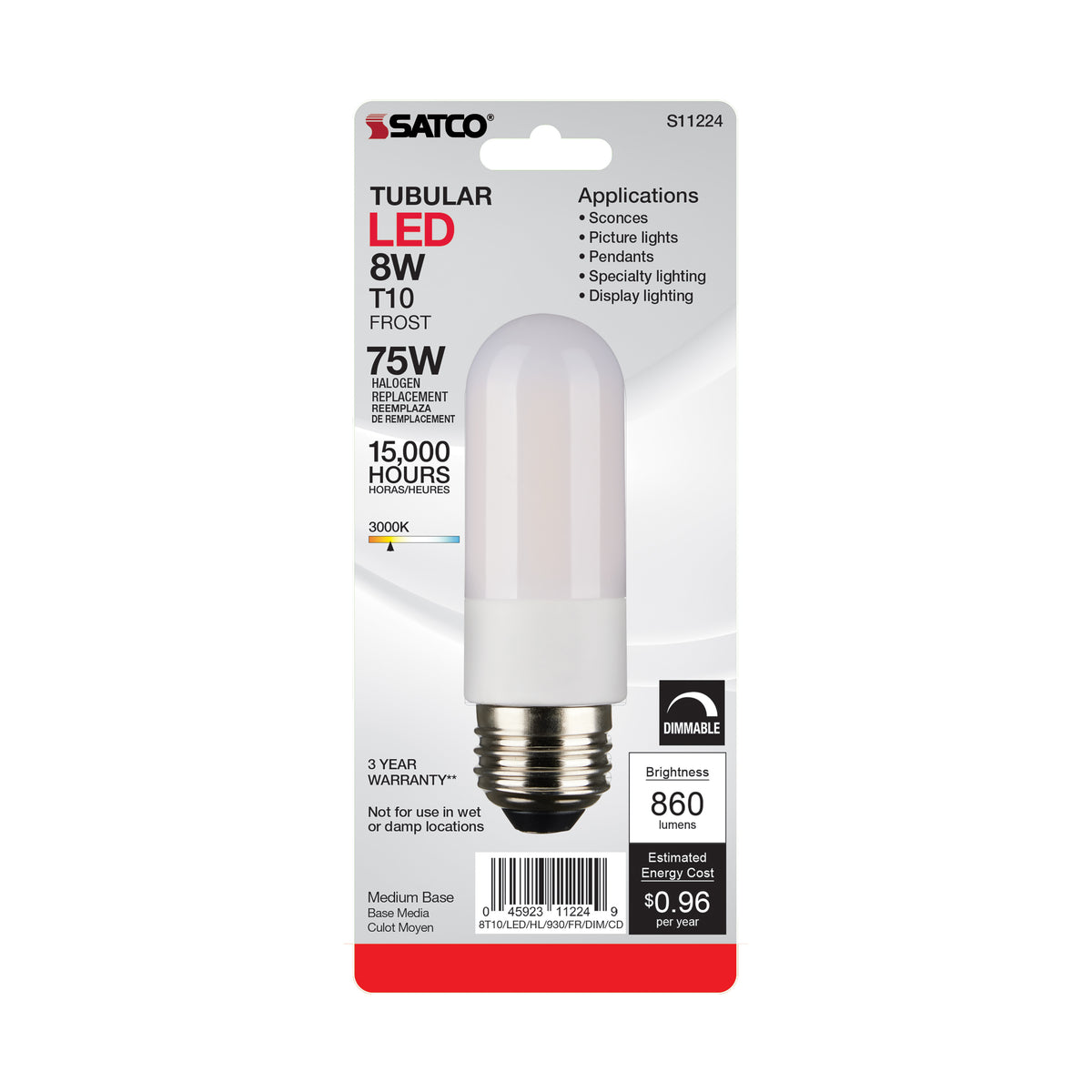 8 Watt T10 LED - Frosted - Medium base - 3000K - High Lumen - 120 Volt - 90 CRI - Dimmable - Carded