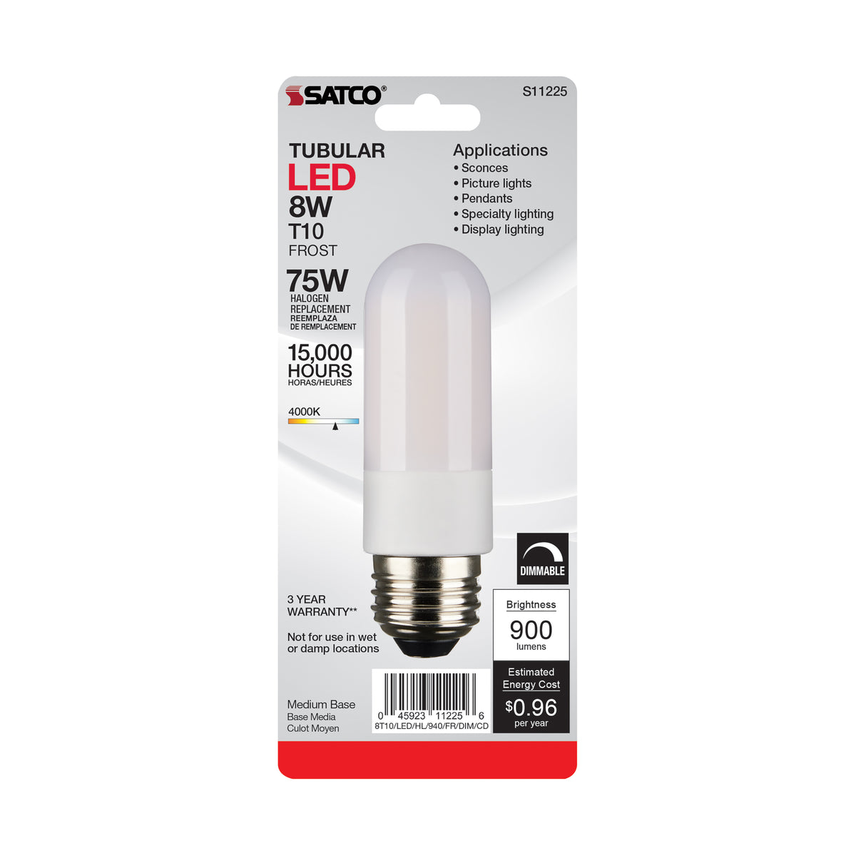 8 Watt T10 LED - Frosted - Medium base - 4000K - High Lumen - 120 Volt - 90 CRI - Dimmable - Carded