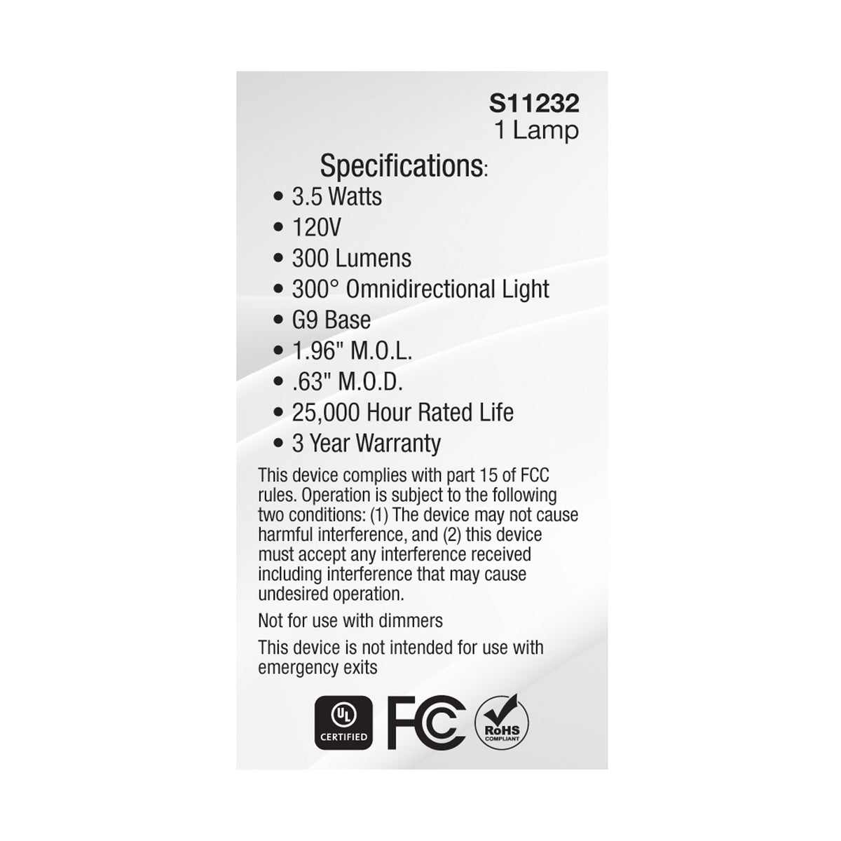 3.5 Watt - JCD LED - Frost - 3000K - G9 Base - 120 Volt