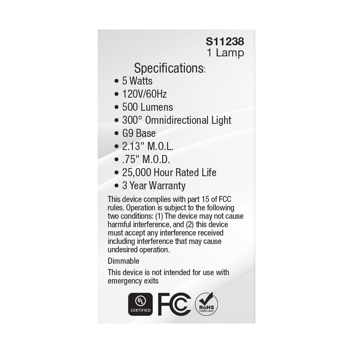 5 Watt G9 LED - Clear - 2700K - T4 Shape - 120 Volt