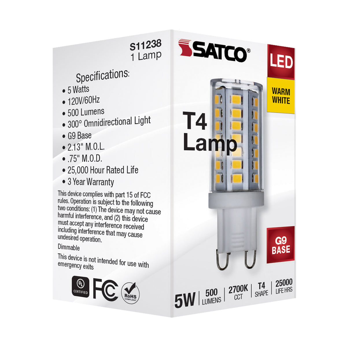5 Watt G9 LED - Clear - 2700K - T4 Shape - 120 Volt