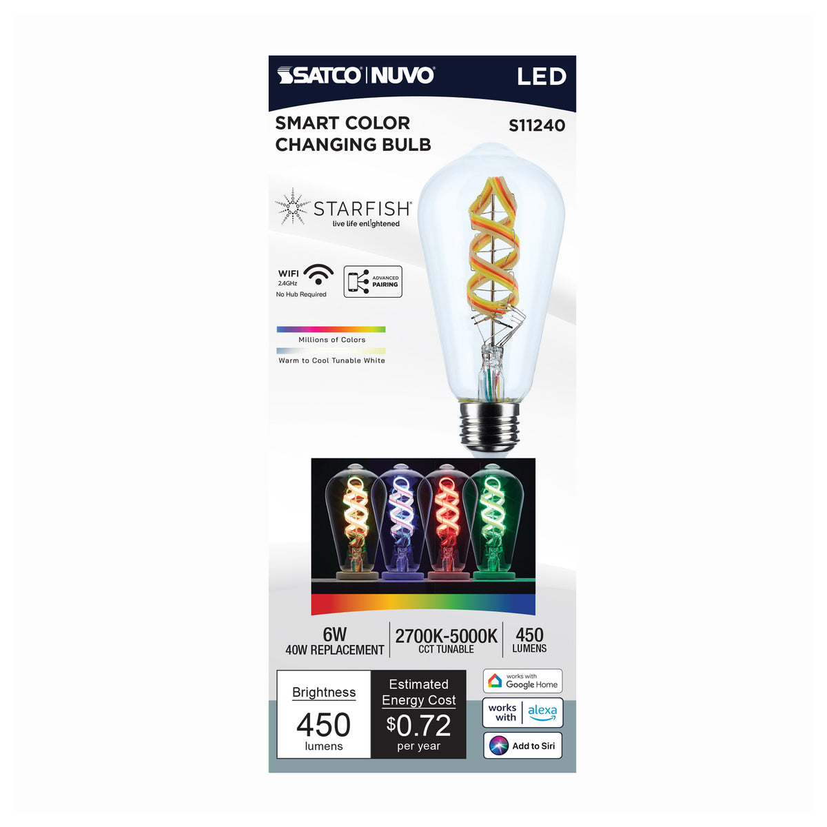 6 Watt - ST19 LED - 2700K-5000K RGB/Tunable White - Starfish IOT - Clear - Medium Base - 120 Volt