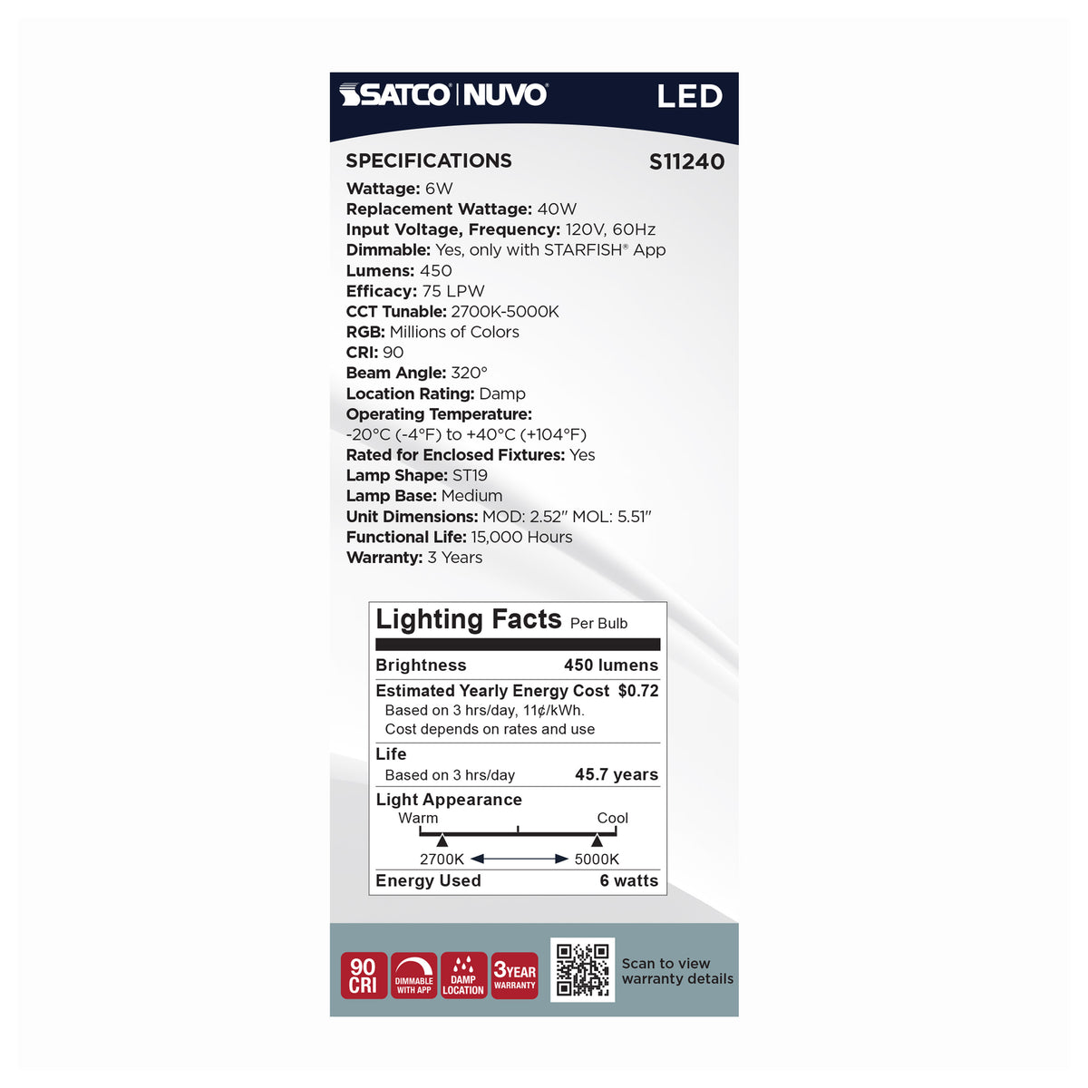 6 Watt - ST19 LED - 2700K-5000K RGB/Tunable White - Starfish IOT - Clear - Medium Base - 120 Volt
