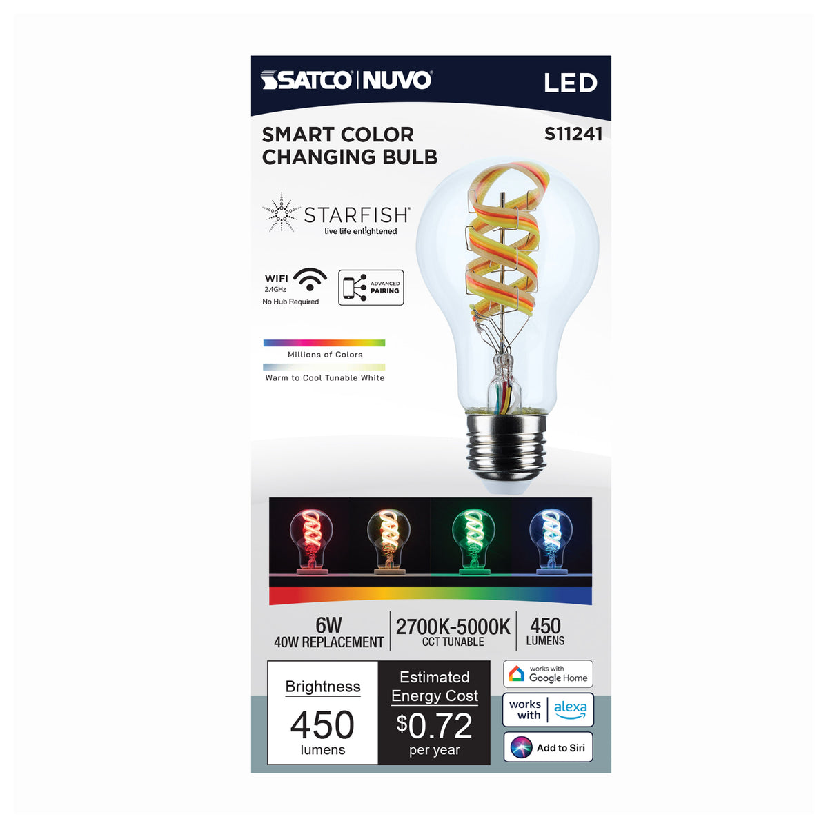 6 Watt - A19 LED - 2700K-5000K RGB/Tunable White - Starfish IOT - Clear - Medium Base - 120 Volt