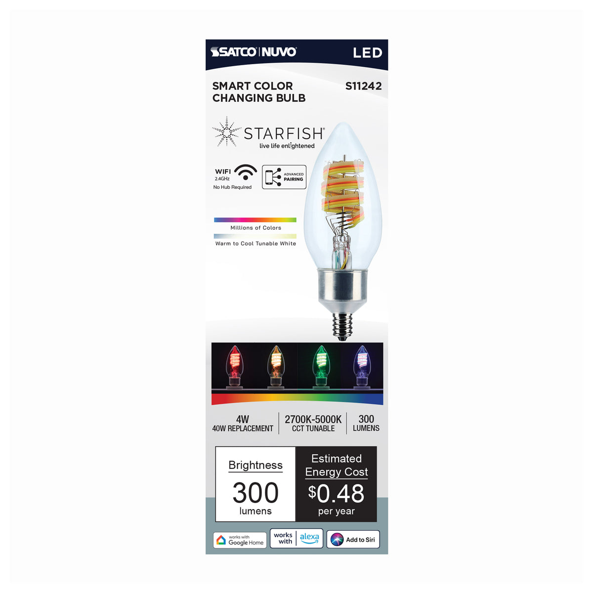 4 Watt - B11 LED - 2700K-5000K RGB/Tunable White - Starfish IOT - Clear - Candelabra Base - 120 Volt