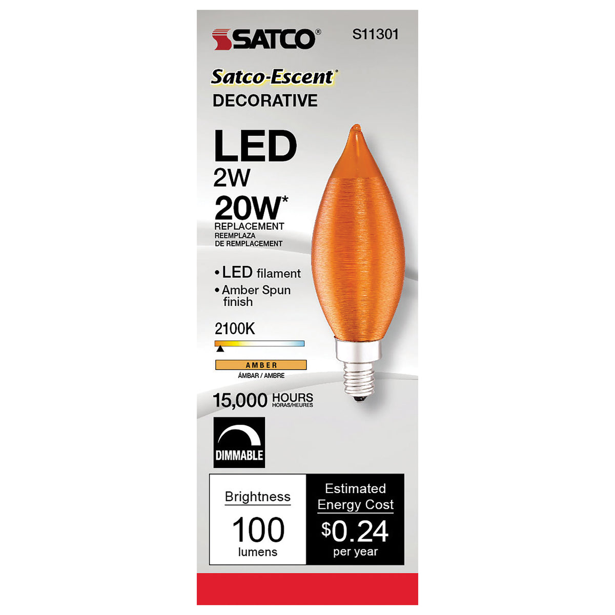 2 Watt CA11 LED Filament - Satin Spun Amber - Candelabra base - 2100K - 120 Volt