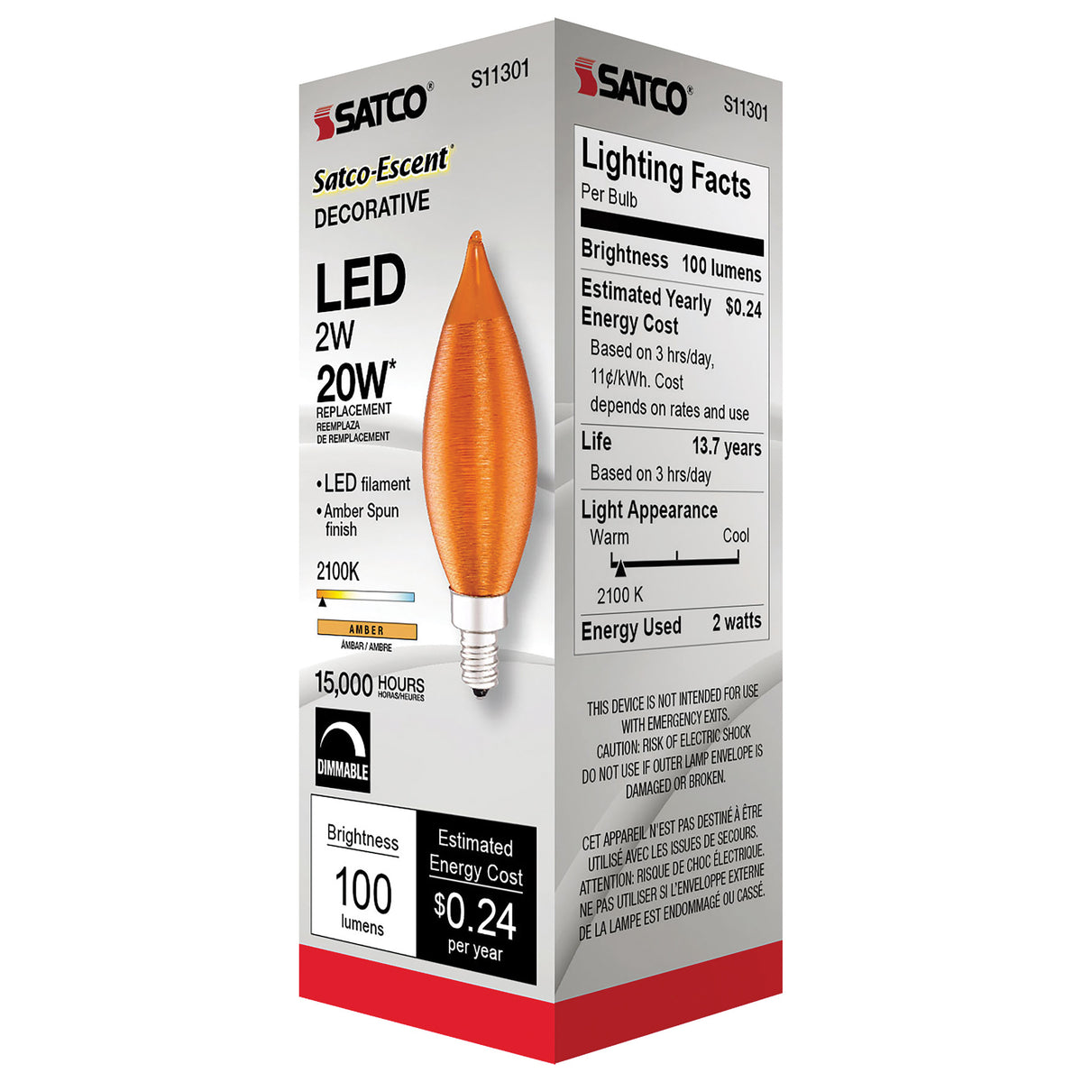 2 Watt CA11 LED Filament - Satin Spun Amber - Candelabra base - 2100K - 120 Volt