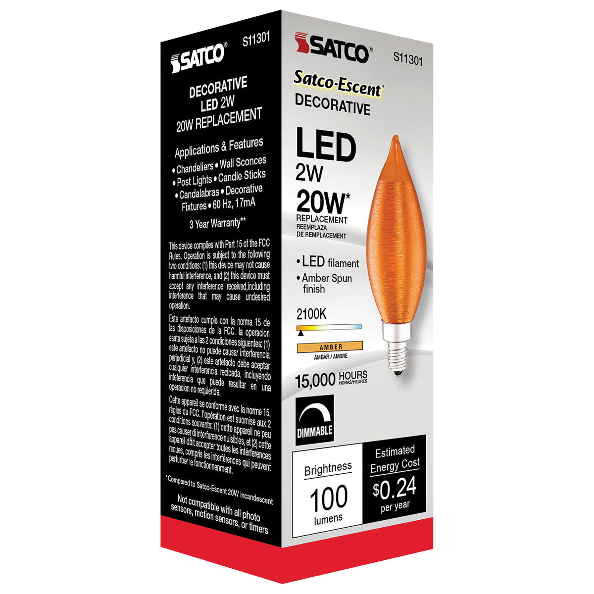 2 Watt CA11 LED Filament - Satin Spun Amber - Candelabra base - 2100K - 120 Volt