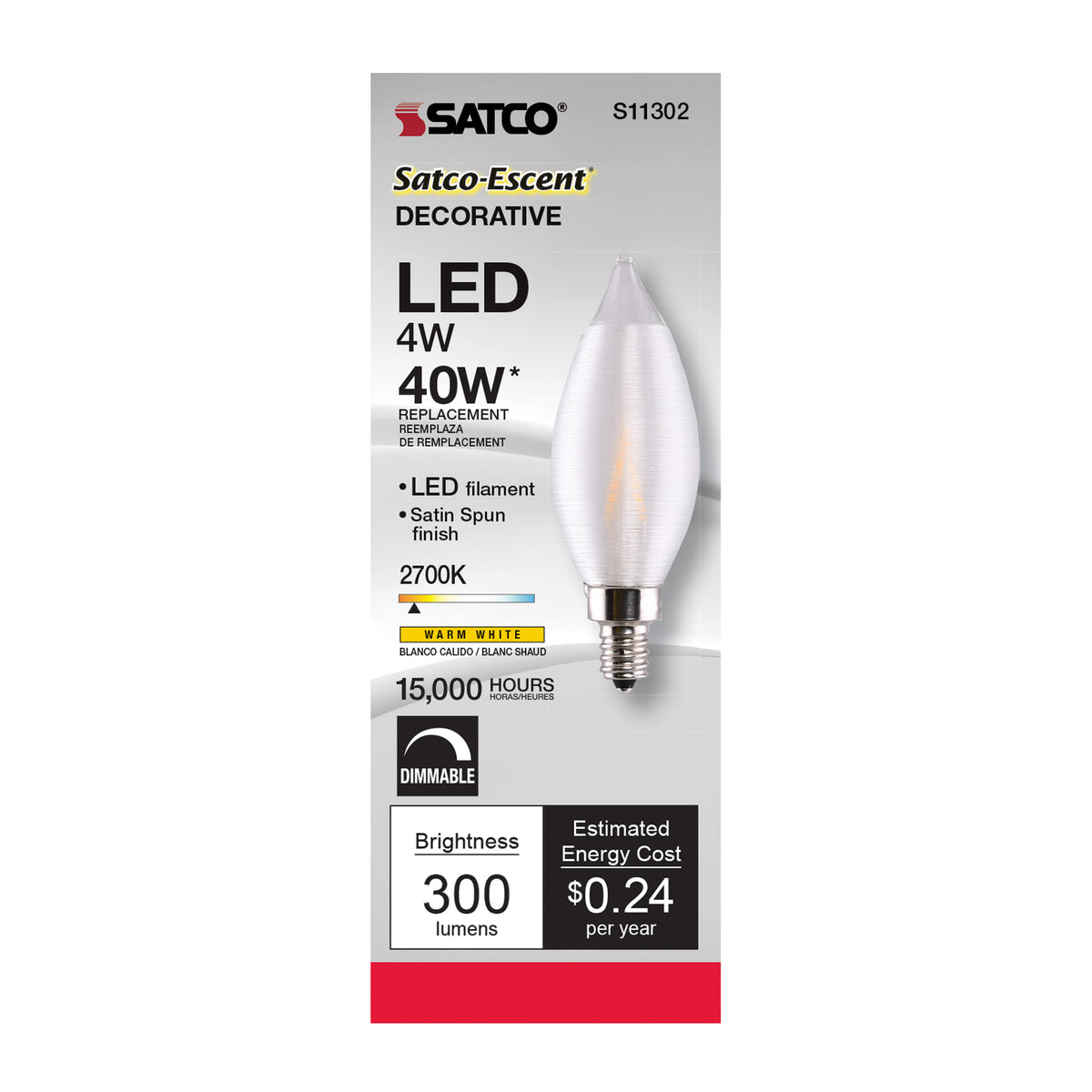 4 Watt CA11 LED Filament - Satin Spun Clear - Candelabra base - 2700K - 120 Volt