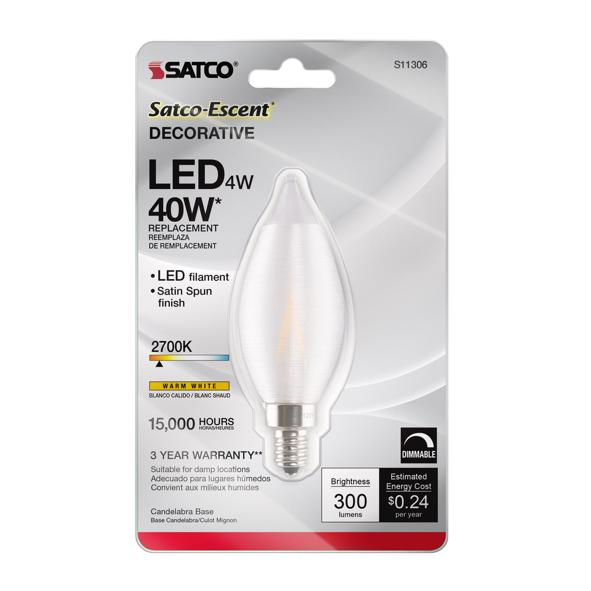 4 Watt CA11 LED Filament - Satin Spun Clear - Candelabra base - 2700K - 120 Volt - Carded