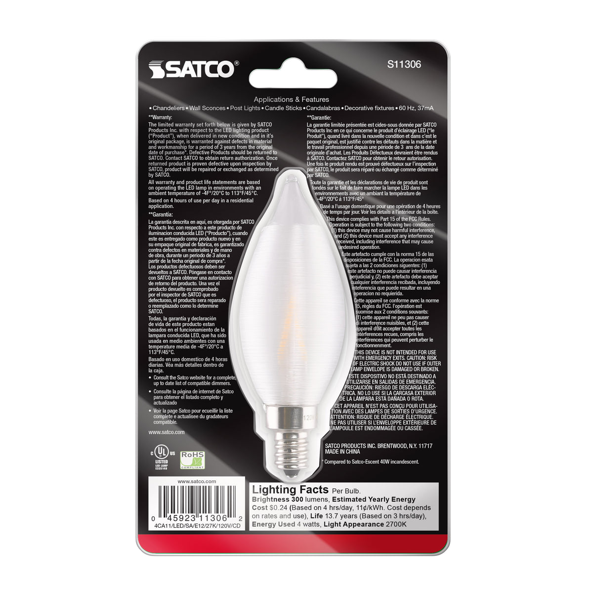 4 Watt CA11 LED Filament - Satin Spun Clear - Candelabra base - 2700K - 120 Volt - Carded