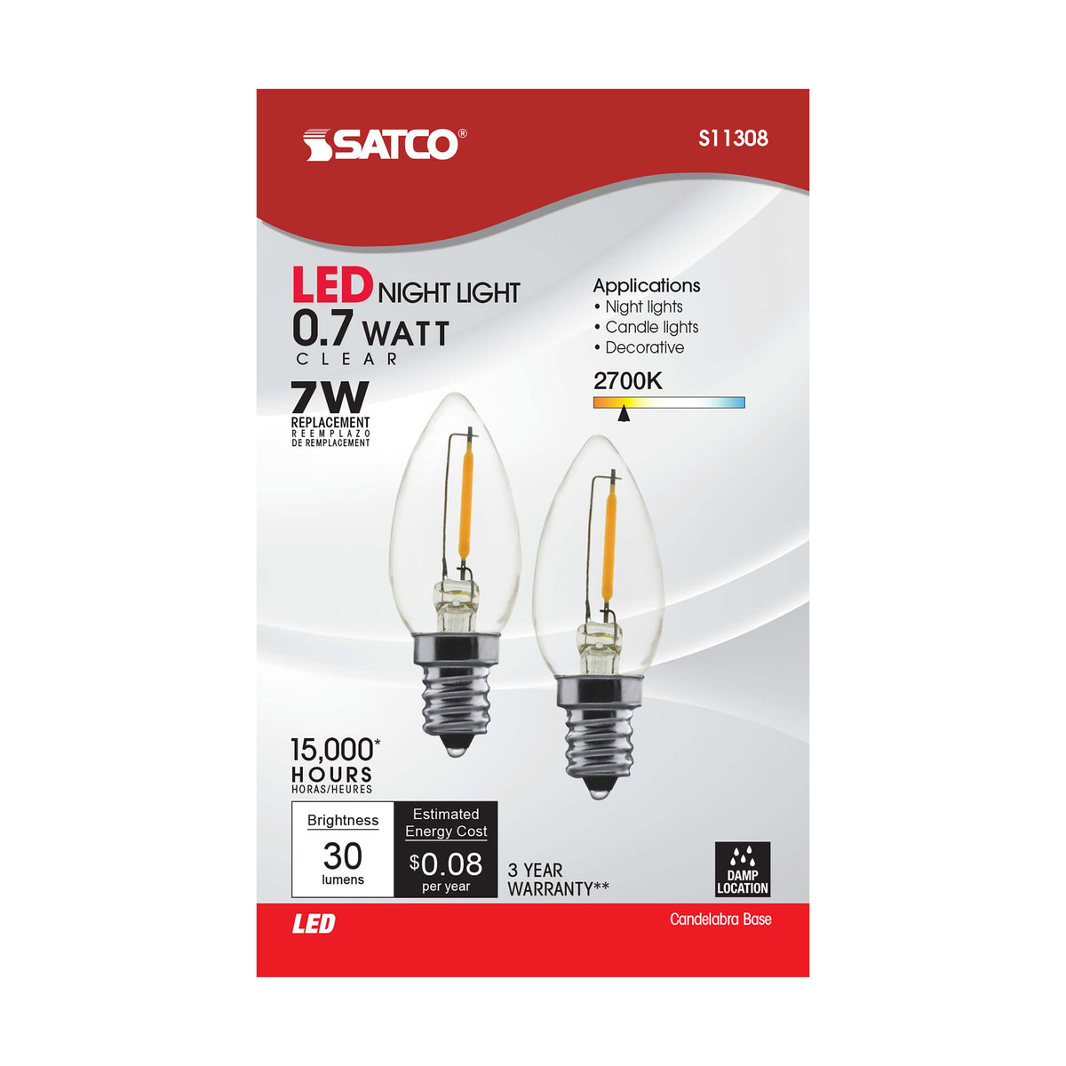 0.7 Watt LED Filament - C7 - Clear - 2700K - Candelabra base - 120 Volt - Carded 2 Pack