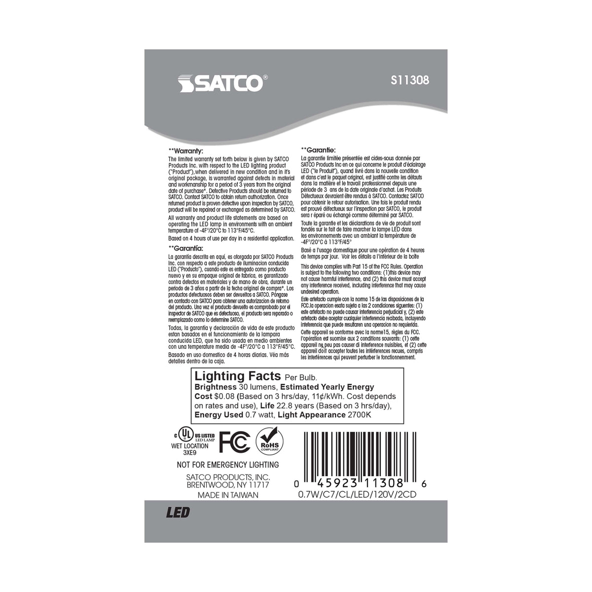 0.7 Watt LED Filament - C7 - Clear - 2700K - Candelabra base - 120 Volt - Carded 2 Pack