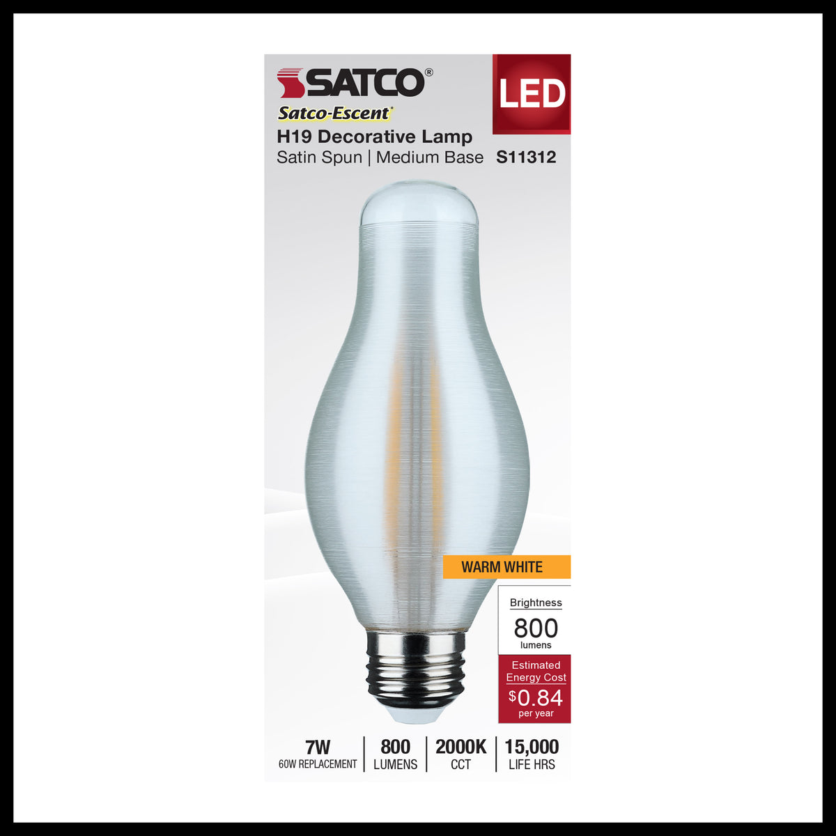 7 Watt H19 LED Filament - 2000K CCT - Medium Base - Satin Spun Finish - 120 Volt