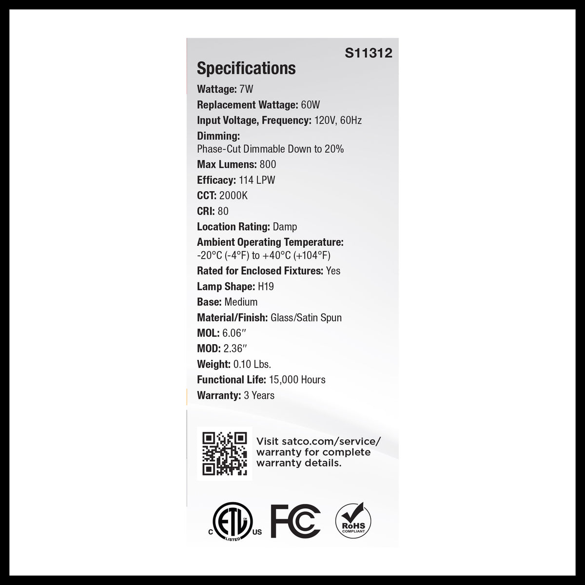 7 Watt H19 LED Filament - 2000K CCT - Medium Base - Satin Spun Finish - 120 Volt