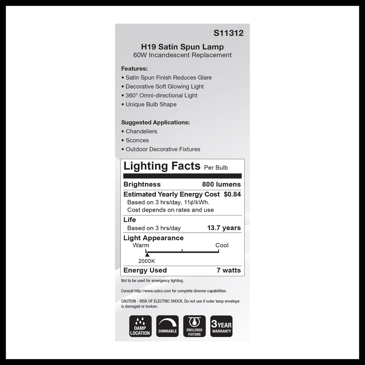 7 Watt H19 LED Filament - 2000K CCT - Medium Base - Satin Spun Finish - 120 Volt