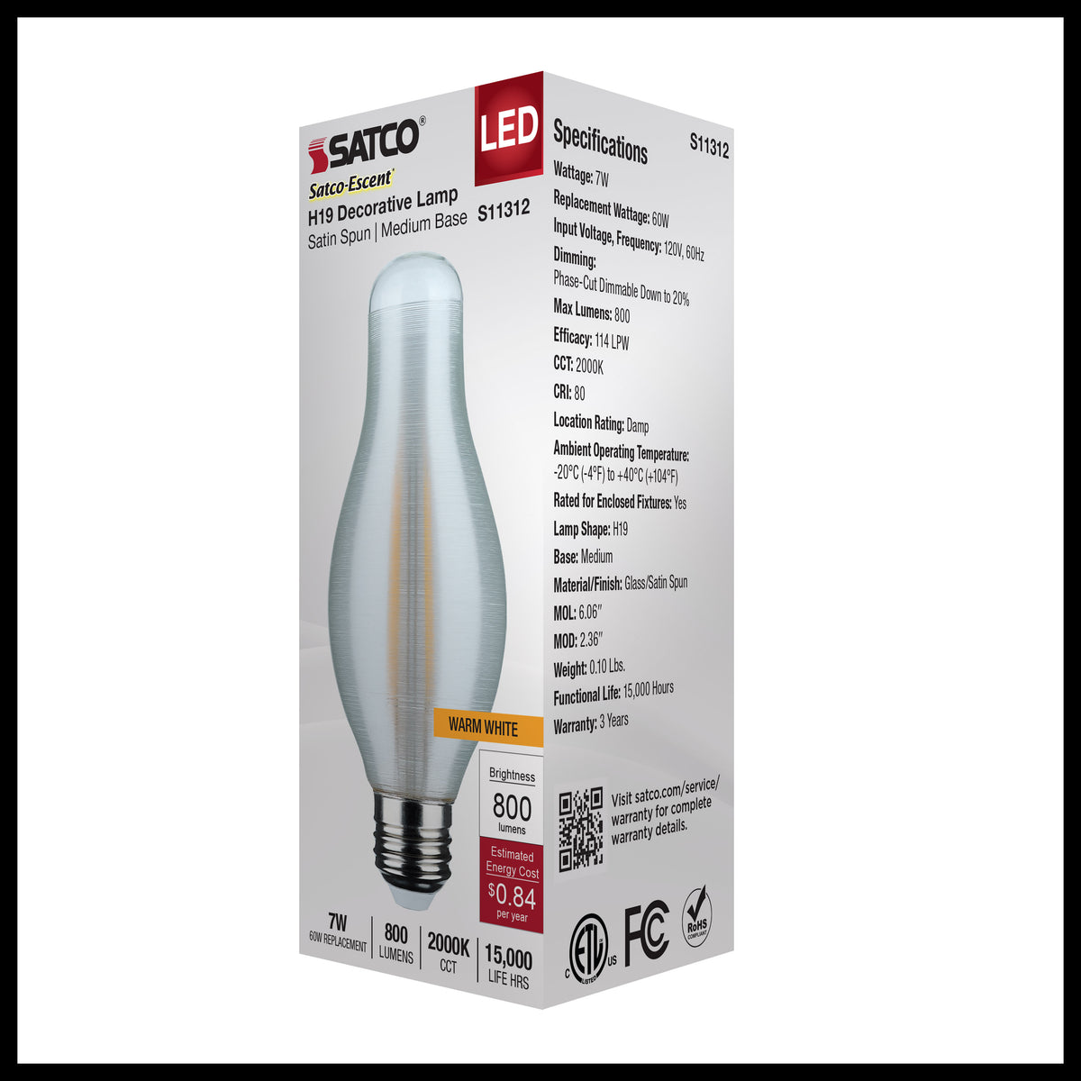 7 Watt H19 LED Filament - 2000K CCT - Medium Base - Satin Spun Finish - 120 Volt