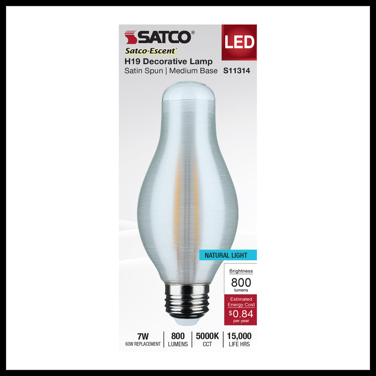 7 Watt H19 LED Filament - 5000K CCT - Medium Base - Satin Spun Finish - 120 Volt