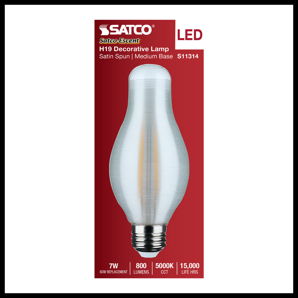 7 Watt H19 LED Filament - 5000K CCT - Medium Base - Satin Spun Finish - 120 Volt