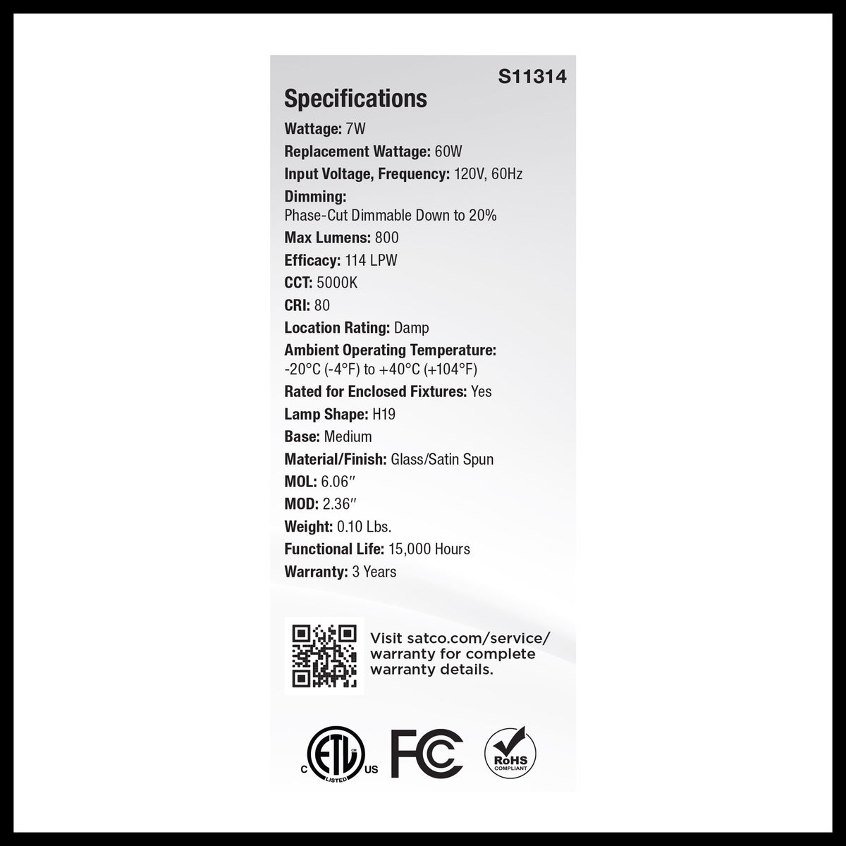 7 Watt H19 LED Filament - 5000K CCT - Medium Base - Satin Spun Finish - 120 Volt